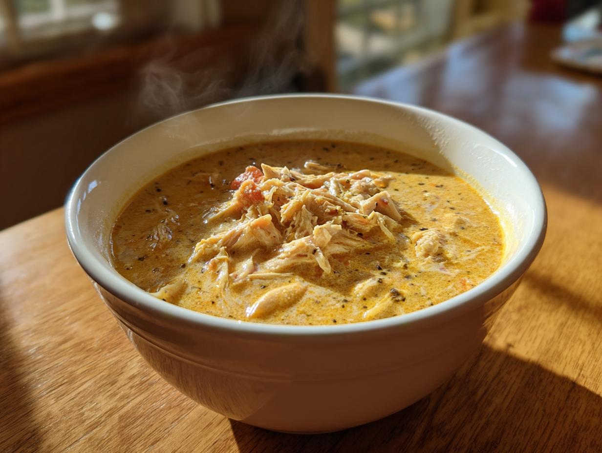 A steaming white bowl filled with creamy white chicken chili topped with shredded white chicken.