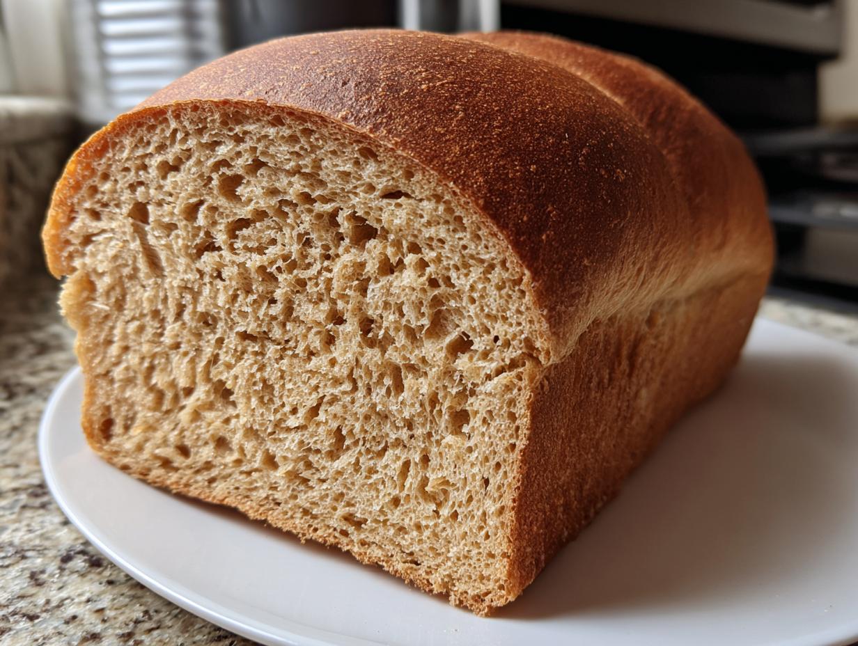 A freshly baked loaf of whole wheat bread, sliced to show its soft, even crumb structure.