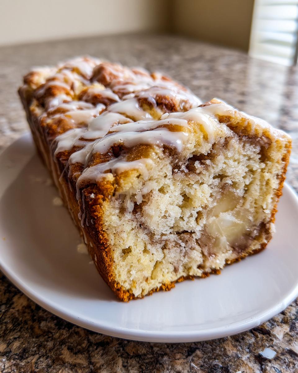 Close-up of a freshly baked apple fritter bread loaf, sliced to show soft interior and drizzled with white glaze.