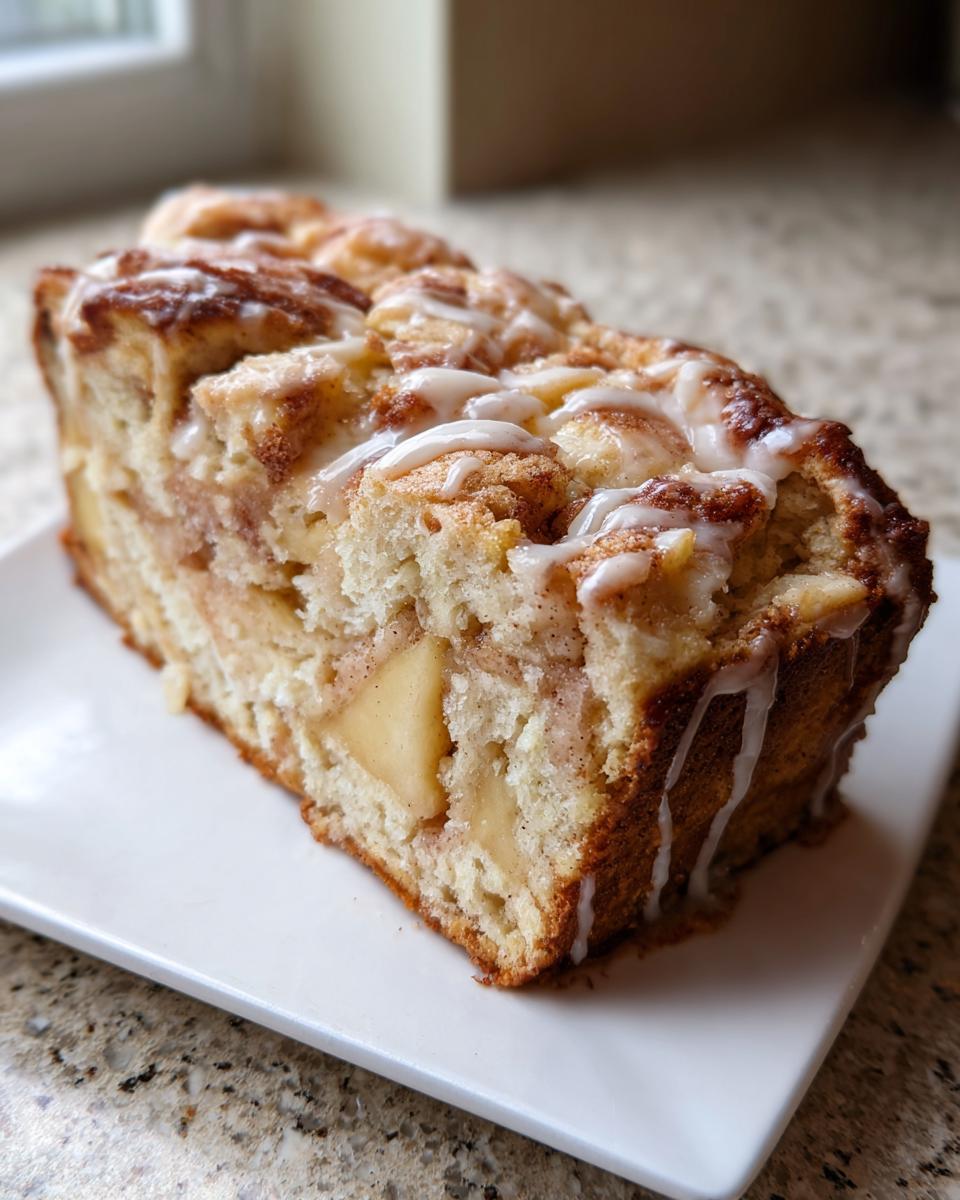 A slice of moist apple fritter bread showing chunks of apple, cinnamon swirl, and a vanilla glaze drizzle.