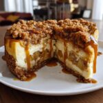A slice removed from a rich apple pie cheesecake topped with crumble and dripping with caramel sauce.