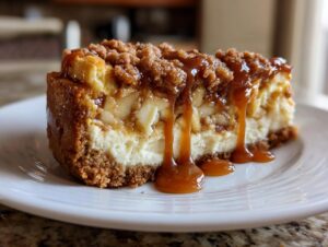Close-up of a slice of apple pie cheesecake topped with crumble and drizzled heavily with caramel sauce.