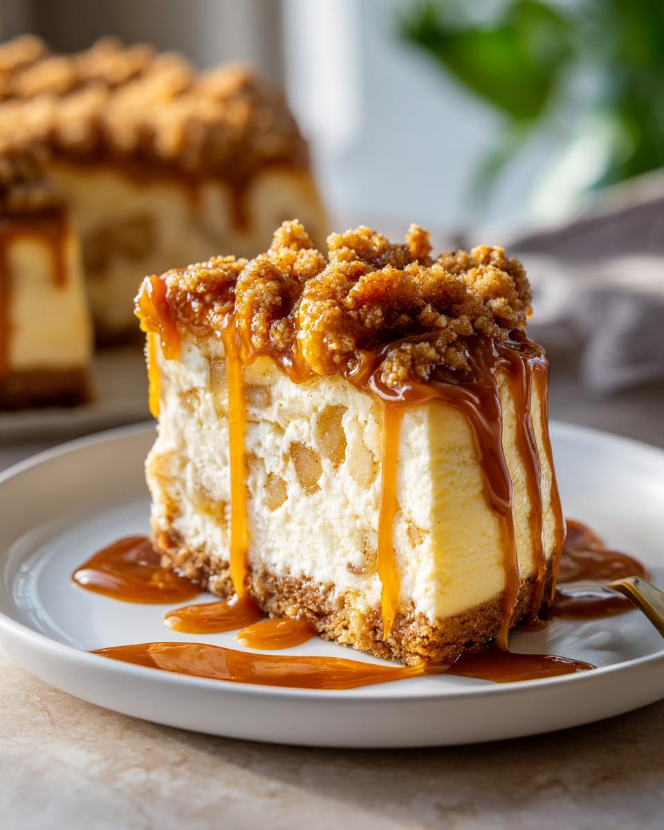 A thick slice of apple pie cheesecake topped with streusel and drizzled heavily with caramel sauce.