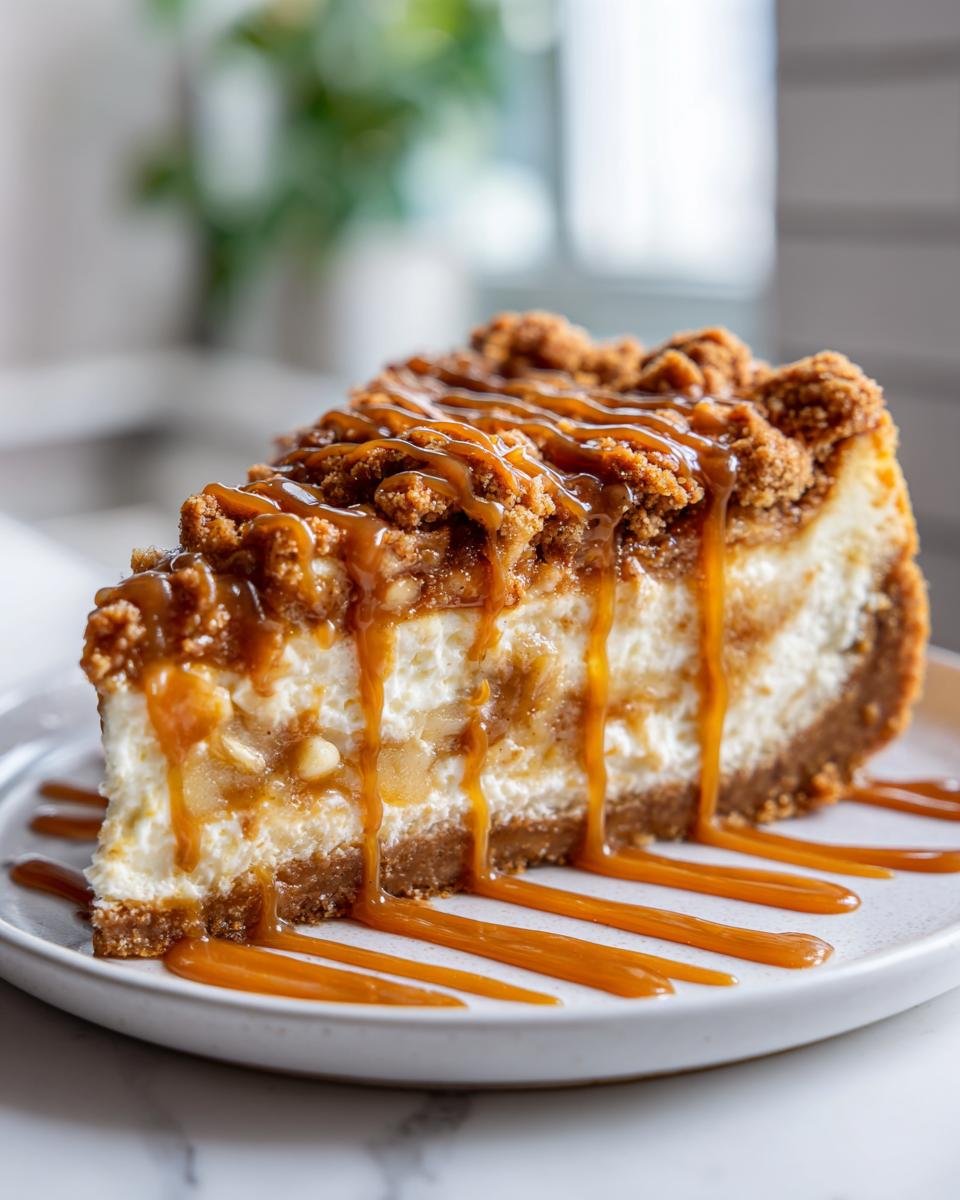 A decadent slice of apple pie cheesecake topped with crumble and rich caramel sauce drizzle.