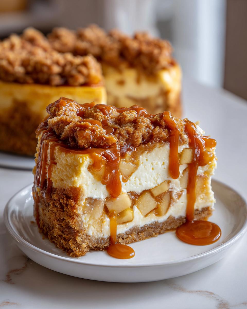 A rich slice of apple pie cheesecake drizzled with caramel sauce and topped with crumble.