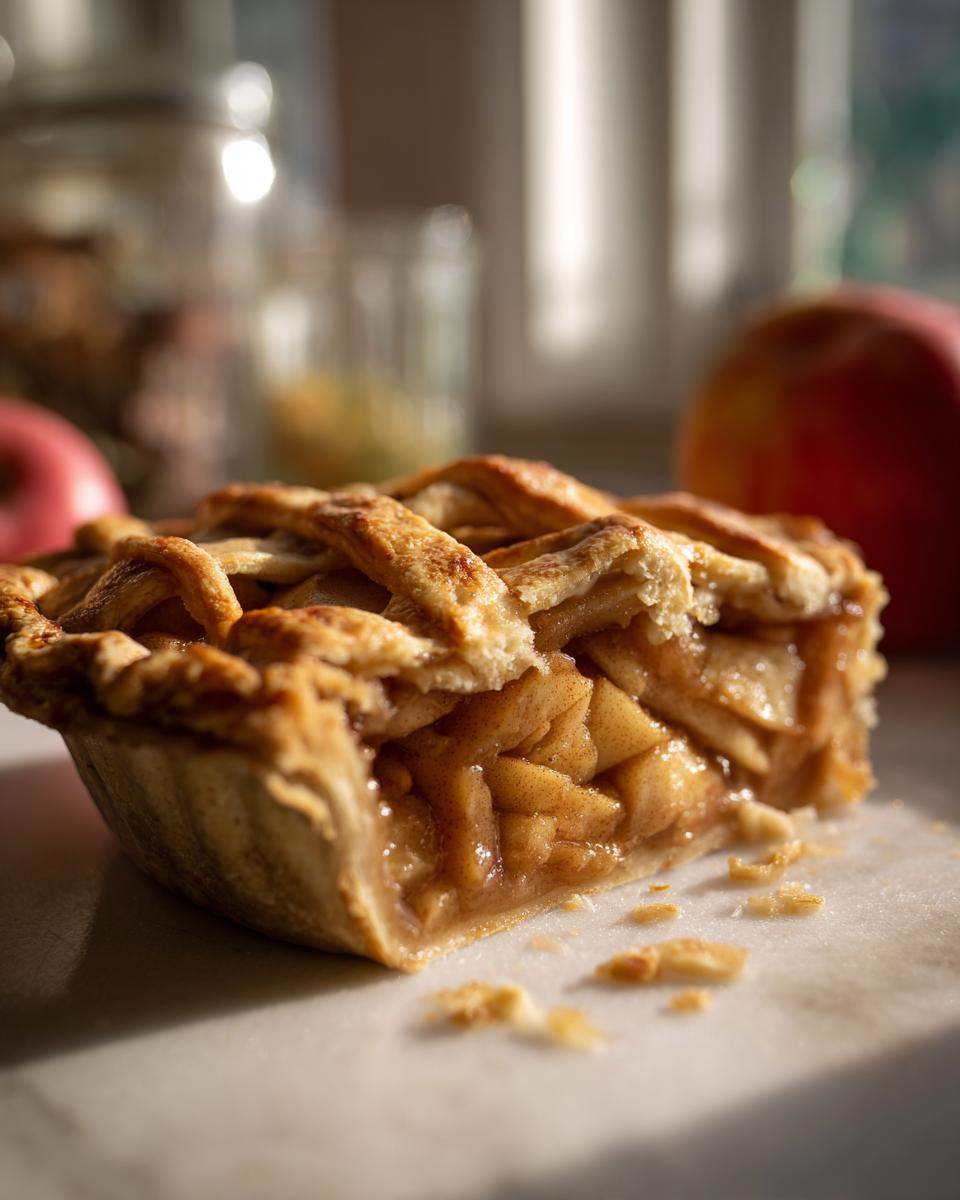 Close-up of a slice of homemade apple pie recipe showing gooey cinnamon filling and a golden lattice crust.