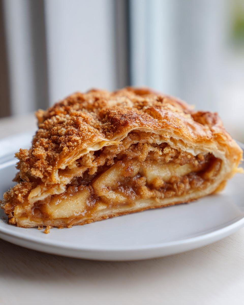 Close-up of a flaky slice of apple strudel filled with spiced apples and topped with crumble.
