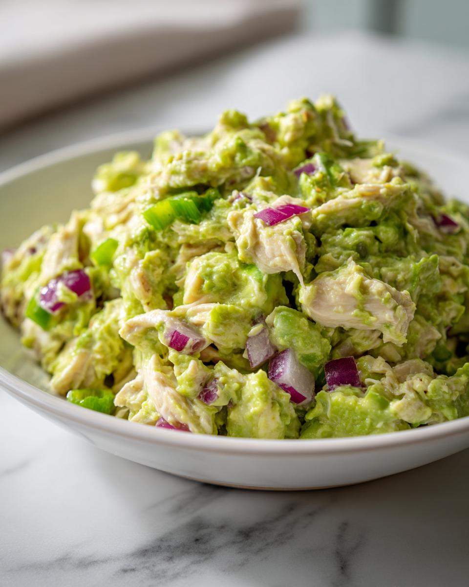 Close-up of creamy avocado chicken salad mixed with chunks of chicken, red onion, and green onion in a white bowl.