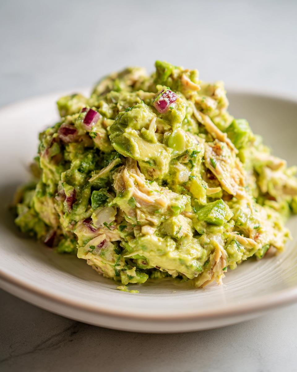 A close-up mound of creamy avocado chicken salad mixed with chunks of avocado and red onion.