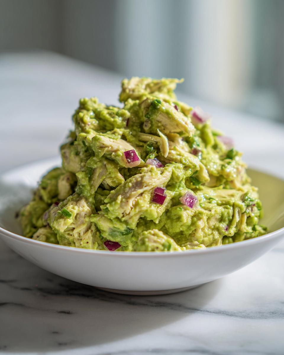 A generous mound of bright green avocado chicken salad mixed with chunks of chicken and diced red onion in a white bowl.