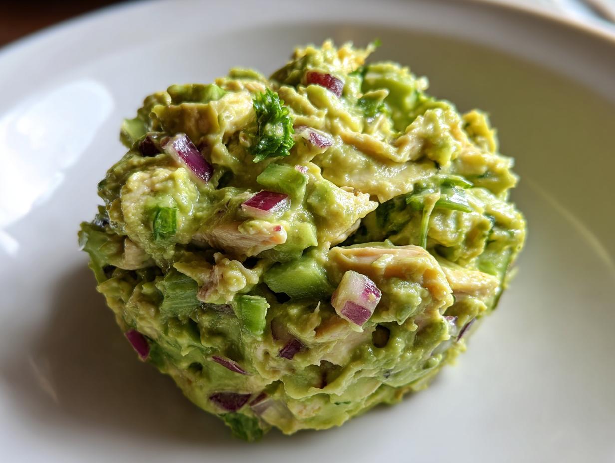 Close-up of a scoop of creamy avocado chicken salad mixed with red onion and celery on a white plate.