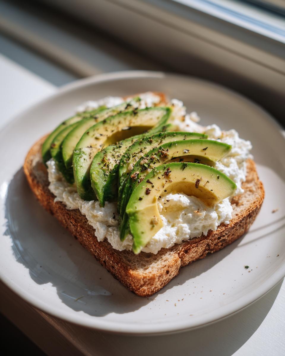 A slice of whole wheat toast topped with creamy cottage cheese and fanned avocado slices, seasoned with pepper. A great cottage cheese toast hack.