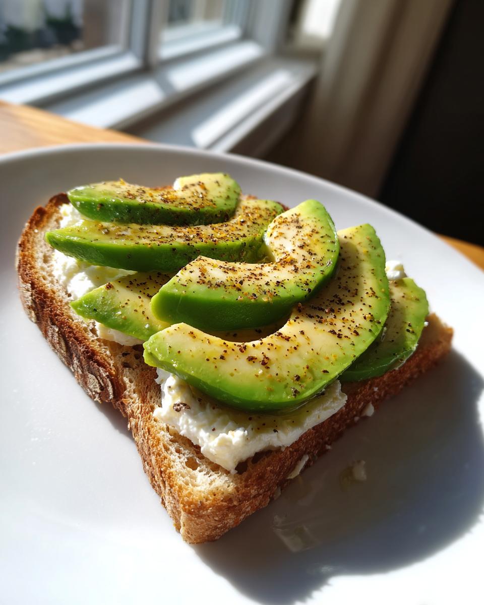A slice of toasted bread topped with cottage cheese, sliced avocado, and black pepper, ready for cottage cheese toast.