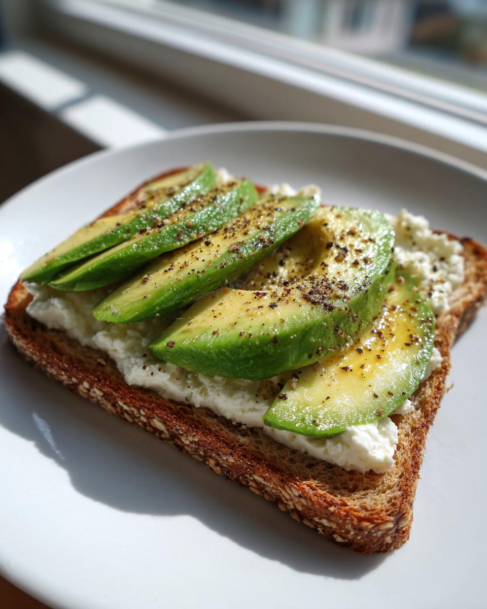 A slice of whole-grain cottage cheese toast topped with sliced avocado and cracked black pepper.