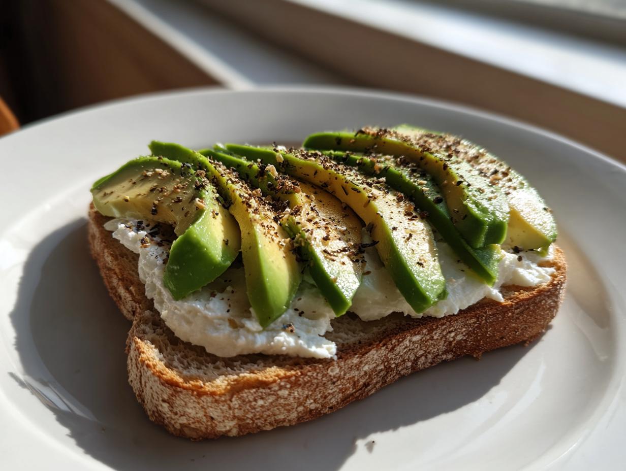 A slice of toasted bread topped with creamy cottage cheese toast, sliced avocado, and black pepper.