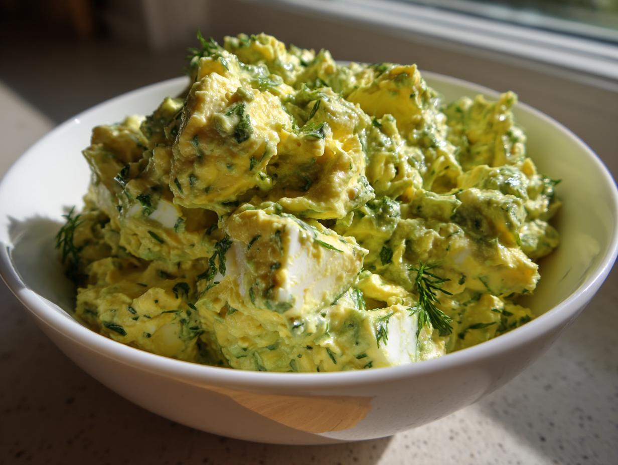 A close-up of creamy avocado egg salad mixed with herbs, served in a white bowl.
