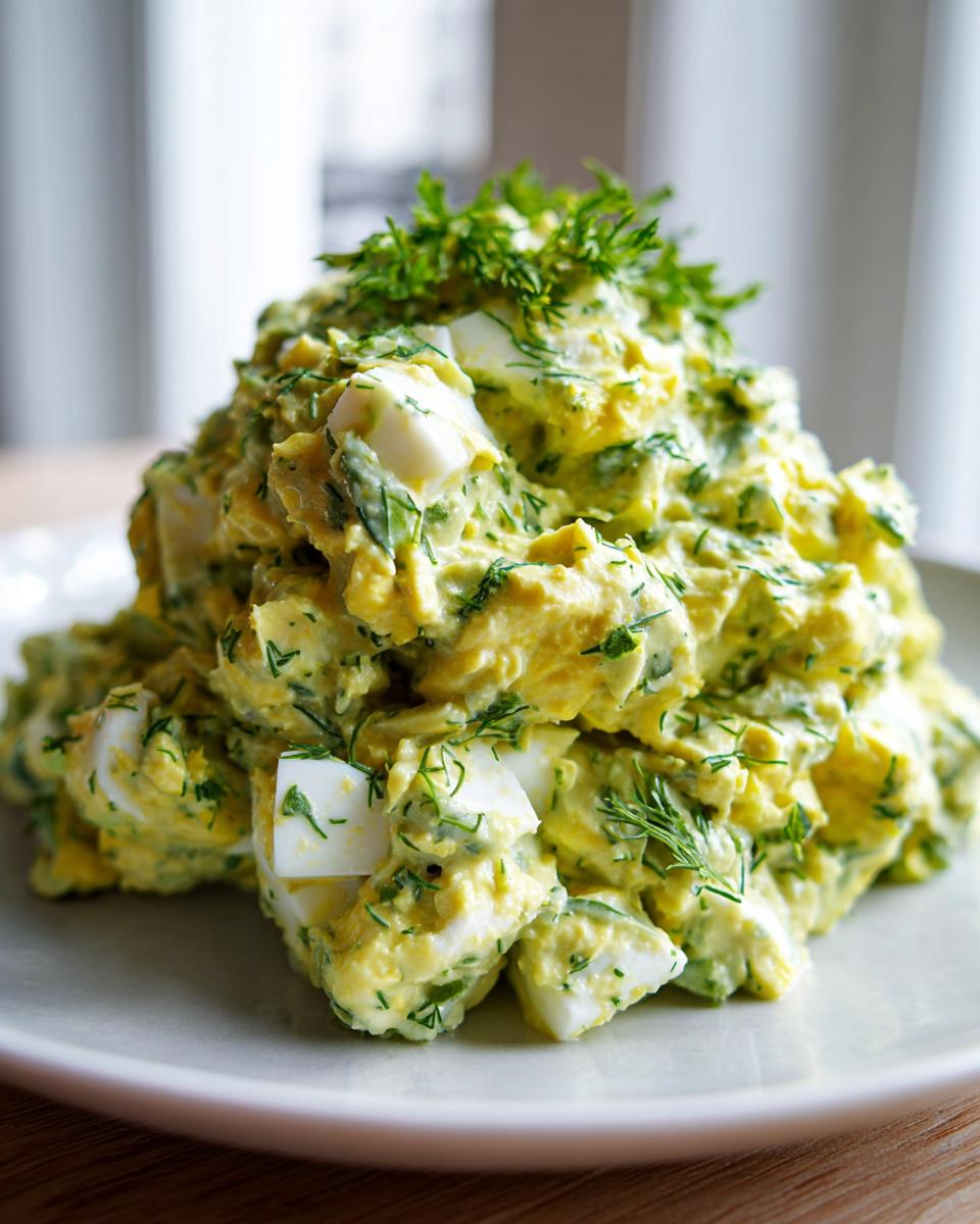 A mound of creamy avocado egg salad featuring chunks of hard-boiled egg and fresh dill garnish.