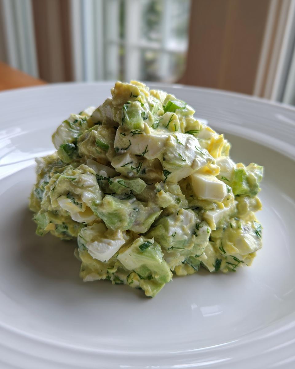 A scoop of creamy avocado egg salad featuring chunks of avocado and hard-boiled egg on a white plate.