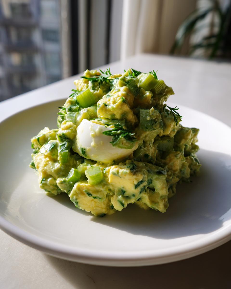 A mound of creamy avocado egg salad featuring chunks of hard-boiled egg and celery, garnished with fresh dill.
