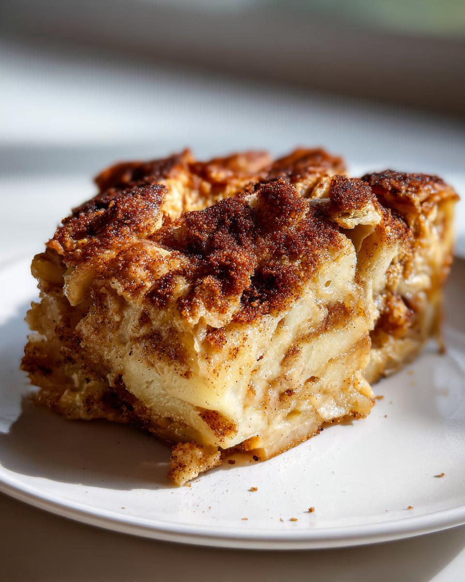 A thick, moist slice of baked apple strudel topped with dark cinnamon sugar, resting on a white plate.