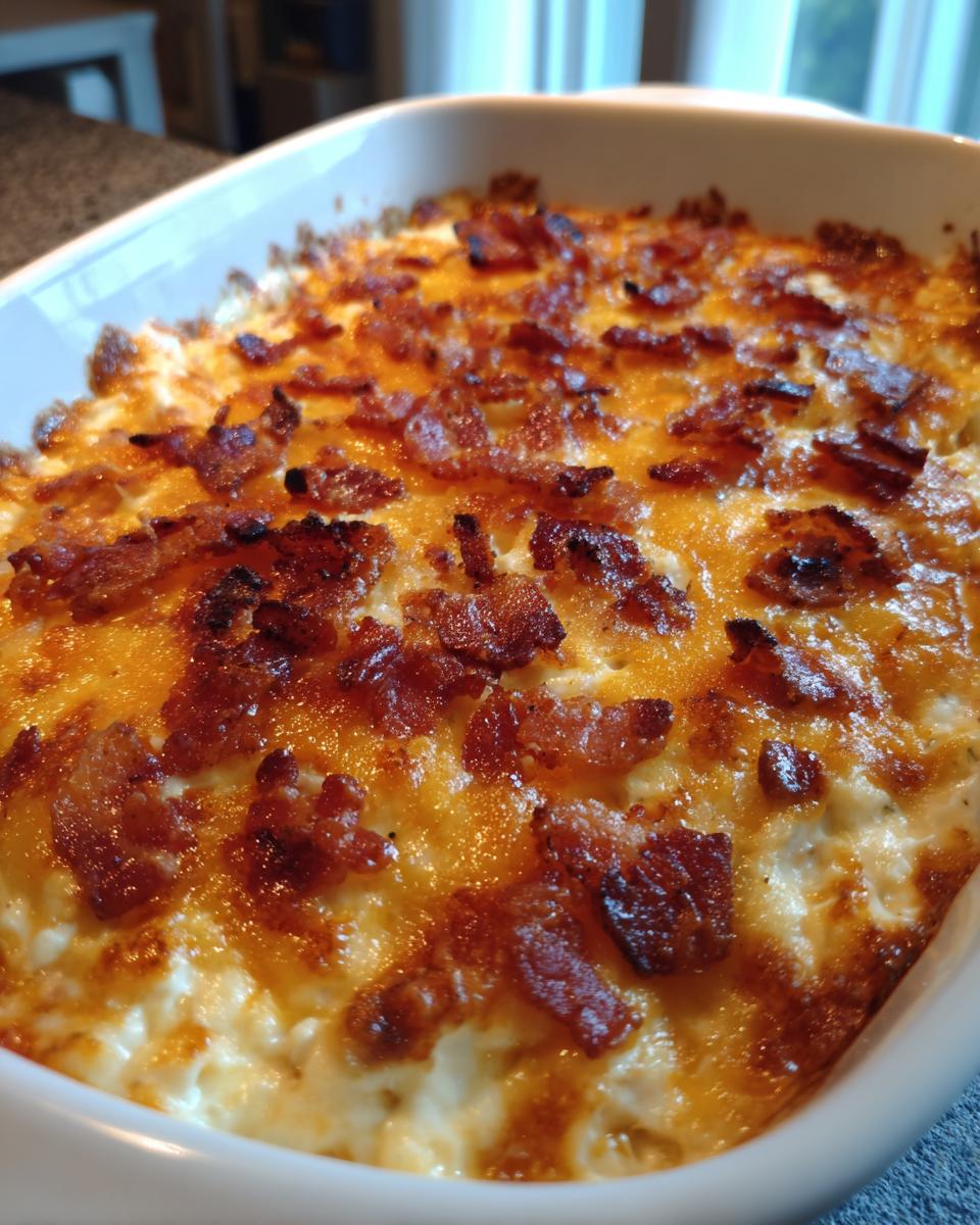 Close-up of a hot, baked popper dip topped with melted cheddar cheese and crispy bacon bits.