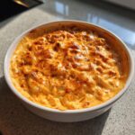 A close-up of a bubbly, golden-brown baked beer cheese dip in a white round dish.