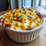 Close-up of a hot, baked corn dip topped with melted, browned cheese and fresh parsley.