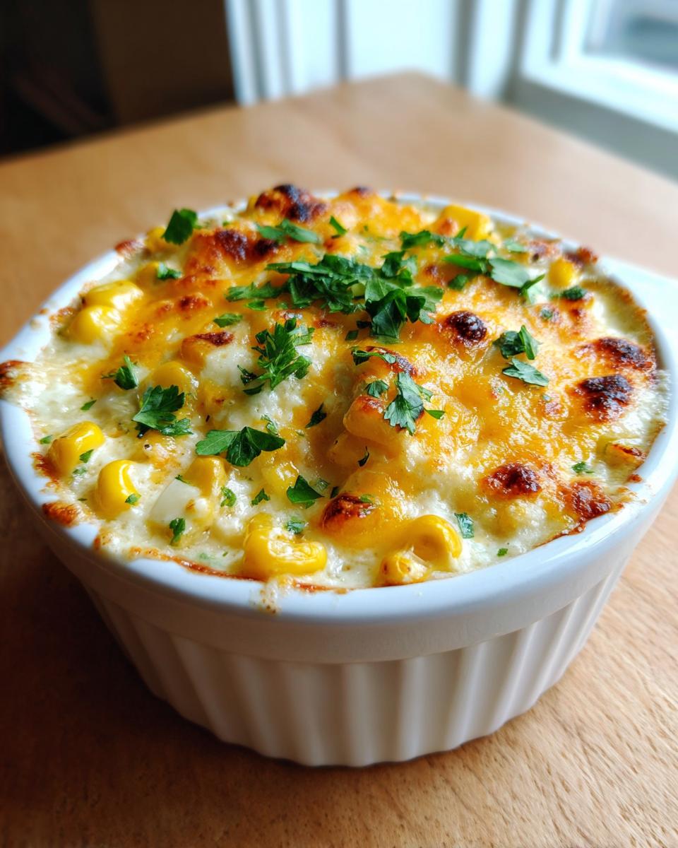 A close-up of a baked, cheesy corn dip topped with melted cheddar and fresh parsley in a white ramekin.