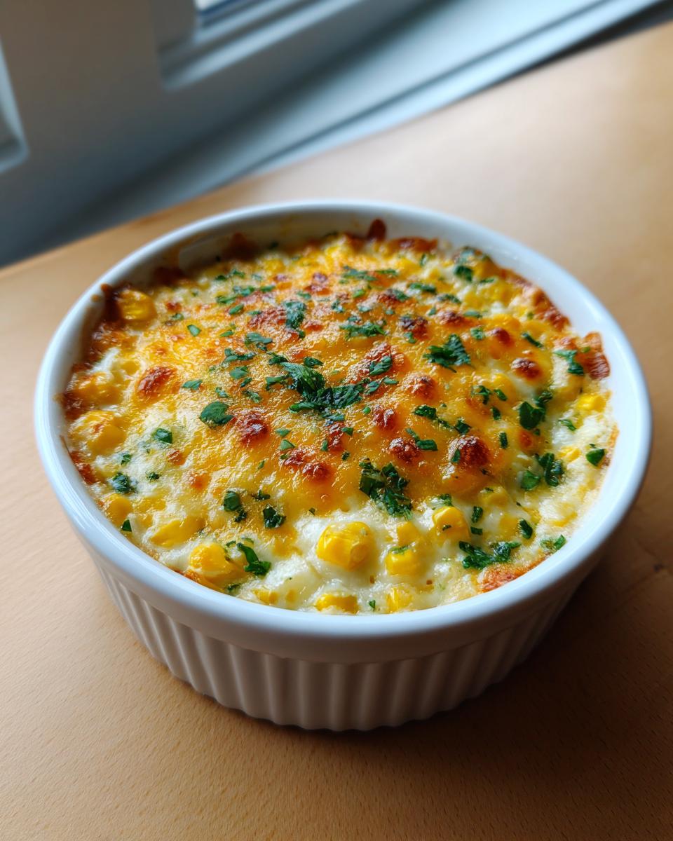Close-up of a baked, creamy corn dip topped with melted golden cheese and fresh parsley.