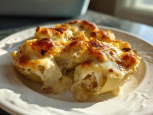 Close-up of baked chicken alfredo stuffed shells topped with bubbly, browned mozzarella cheese on a white plate.