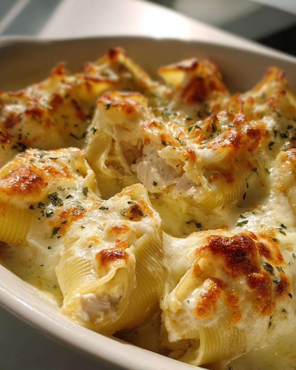 Close-up of baked chicken alfredo stuffed shells covered in melted, browned cheese and parsley.