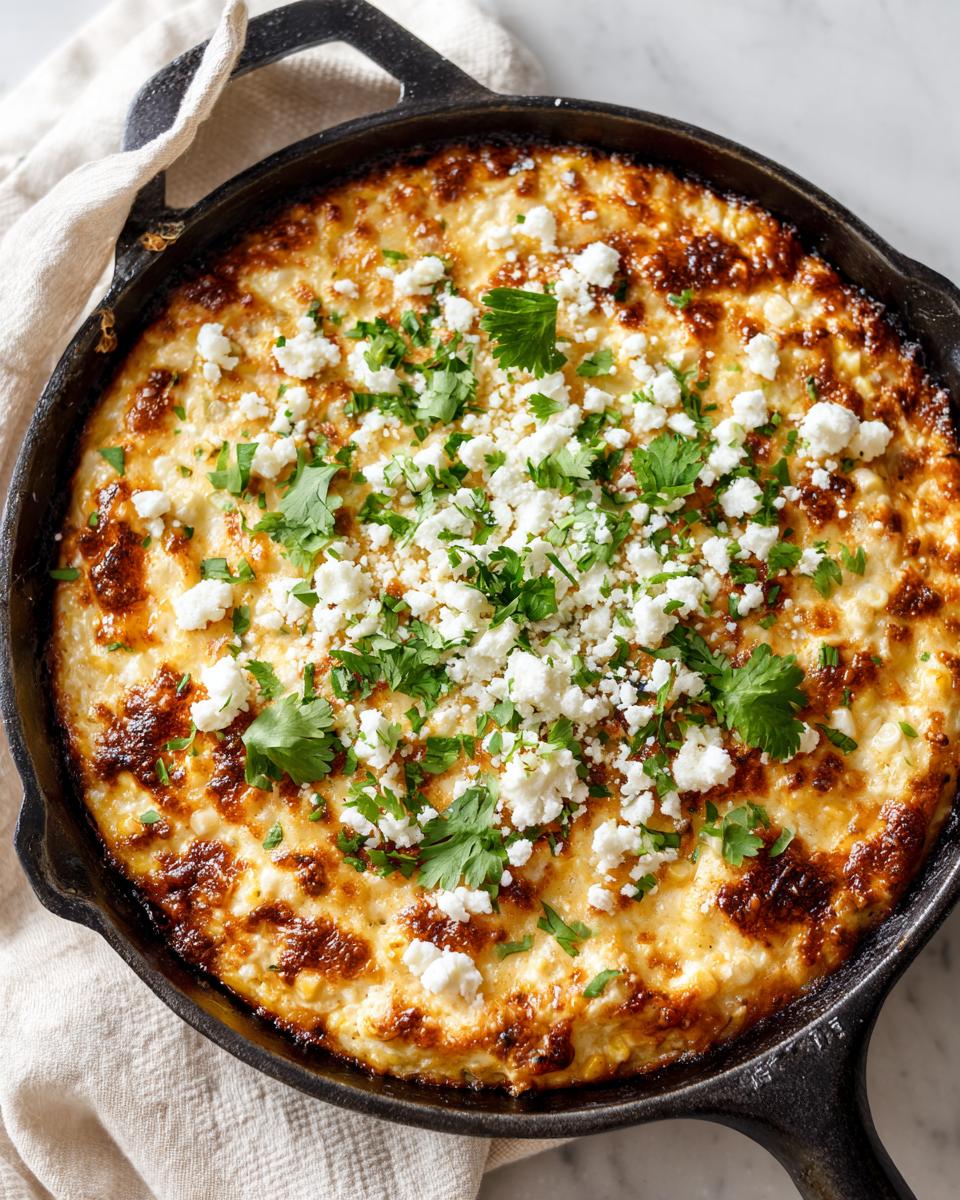 Baked, cheesy mexican street corn dip topped with crumbled white cheese and fresh cilantro in a black skillet.
