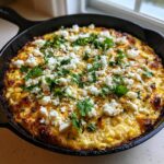 Close-up of baked mexican street corn dip topped with crumbled white cheese and fresh cilantro in a black skillet.