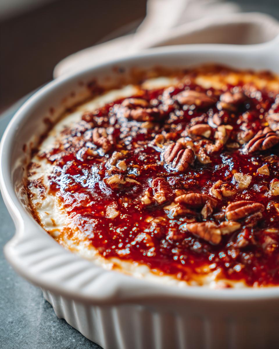 Close-up of a warm pepper jelly cheese dip topped with pecans in a white baking dish.