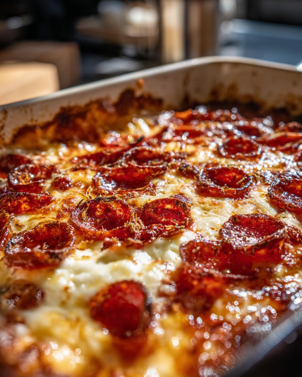 Close-up, appetizing shot of bubbling, baked pepperoni pizza dip topped with melted cheese and crispy pepperoni slices.