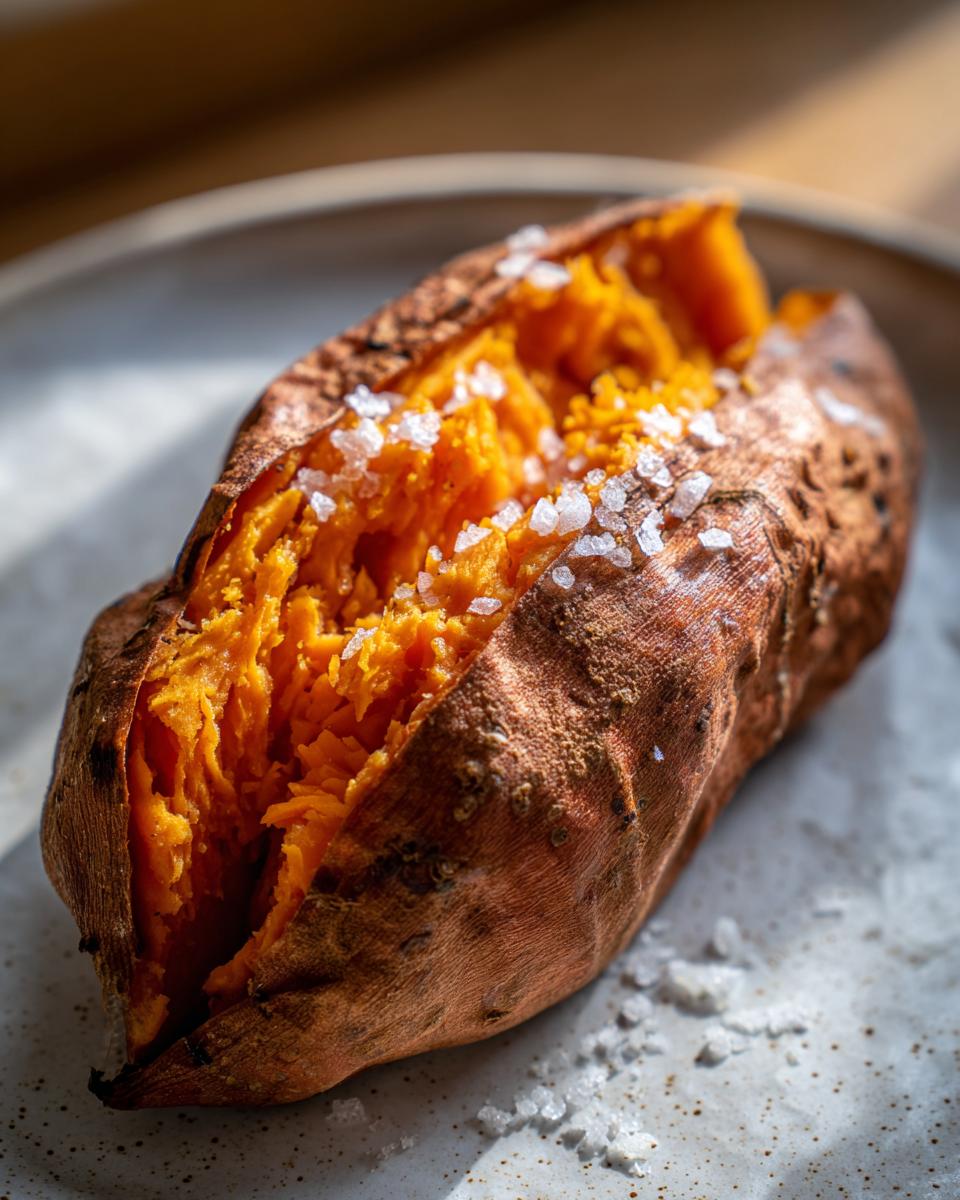 Close-up of a fluffy baked sweet potatoes, split open and topped with coarse sea salt flakes.