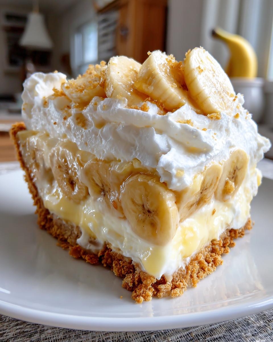 A decadent slice of banana cream pie featuring a graham cracker crust, thick custard, bananas, and topped with whipped cream and crushed topping.