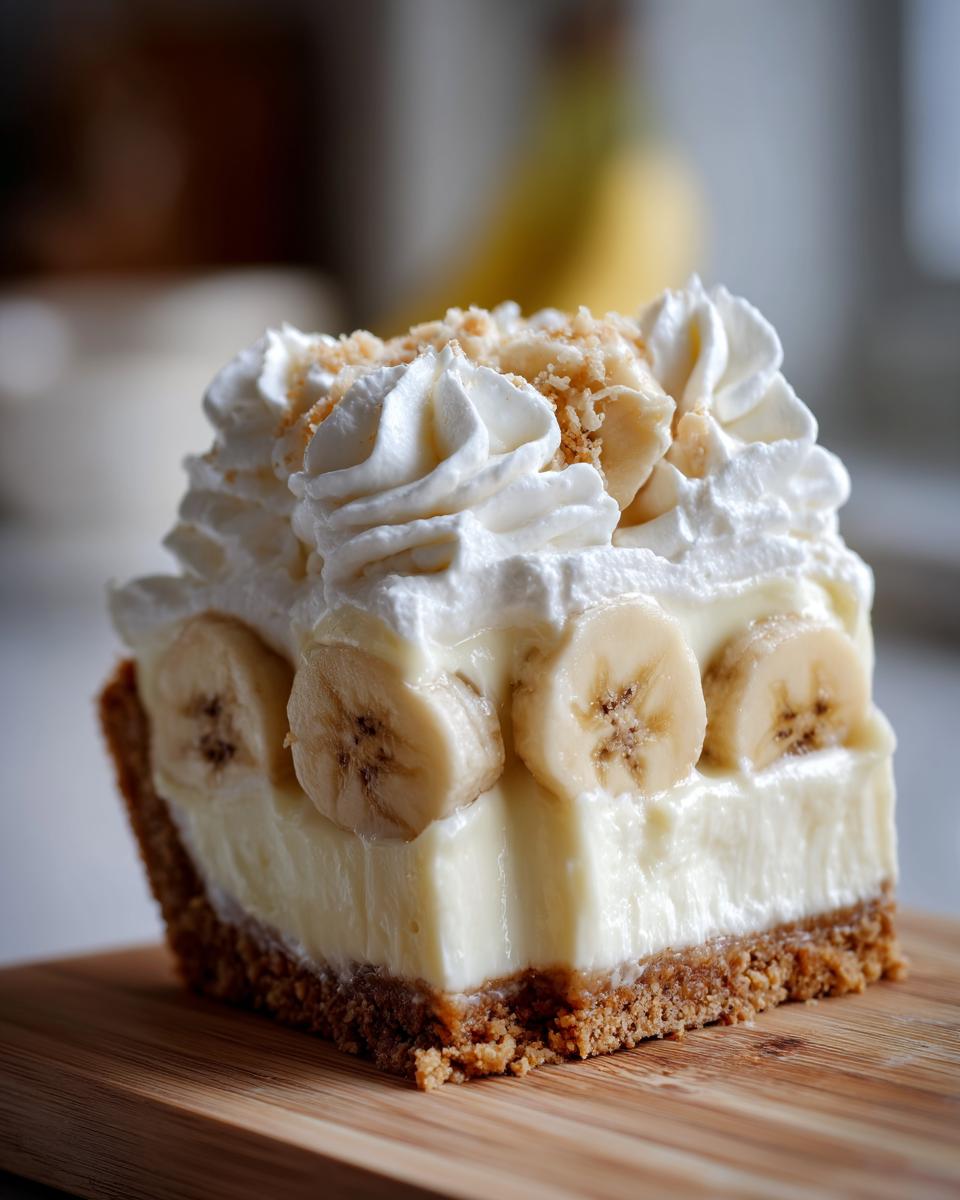 A decadent slice of banana cream pie featuring a graham cracker crust, thick custard, fresh banana slices, and piped whipped cream.