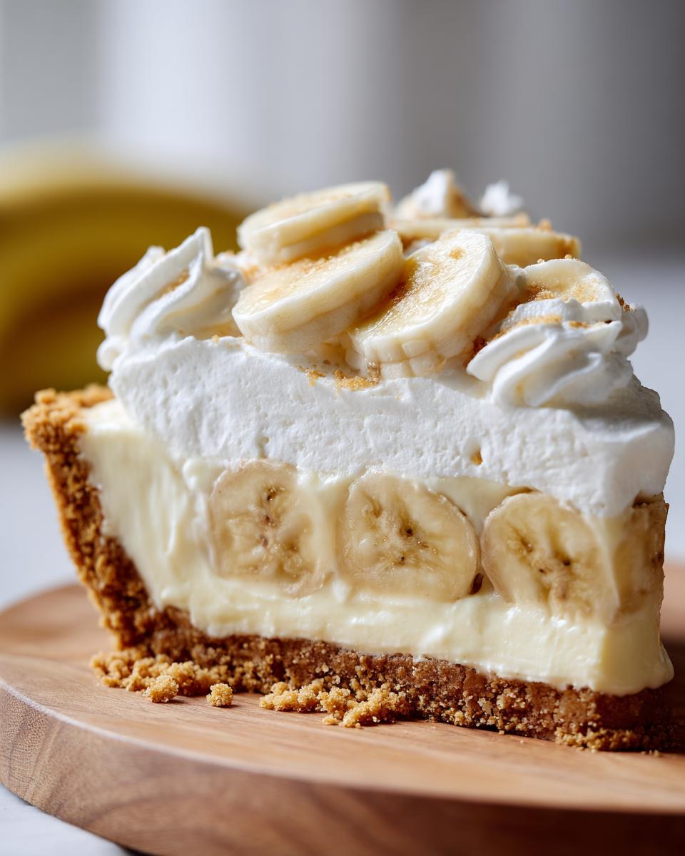 A close-up of a decadent slice of banana cream pie showing layers of crust, custard, bananas, and whipped cream.