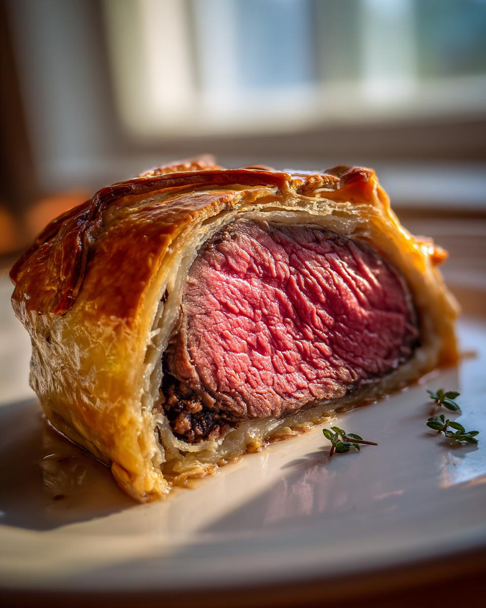 Close-up of a slice of beef wellington recipe showing medium-rare pink center and flaky pastry.