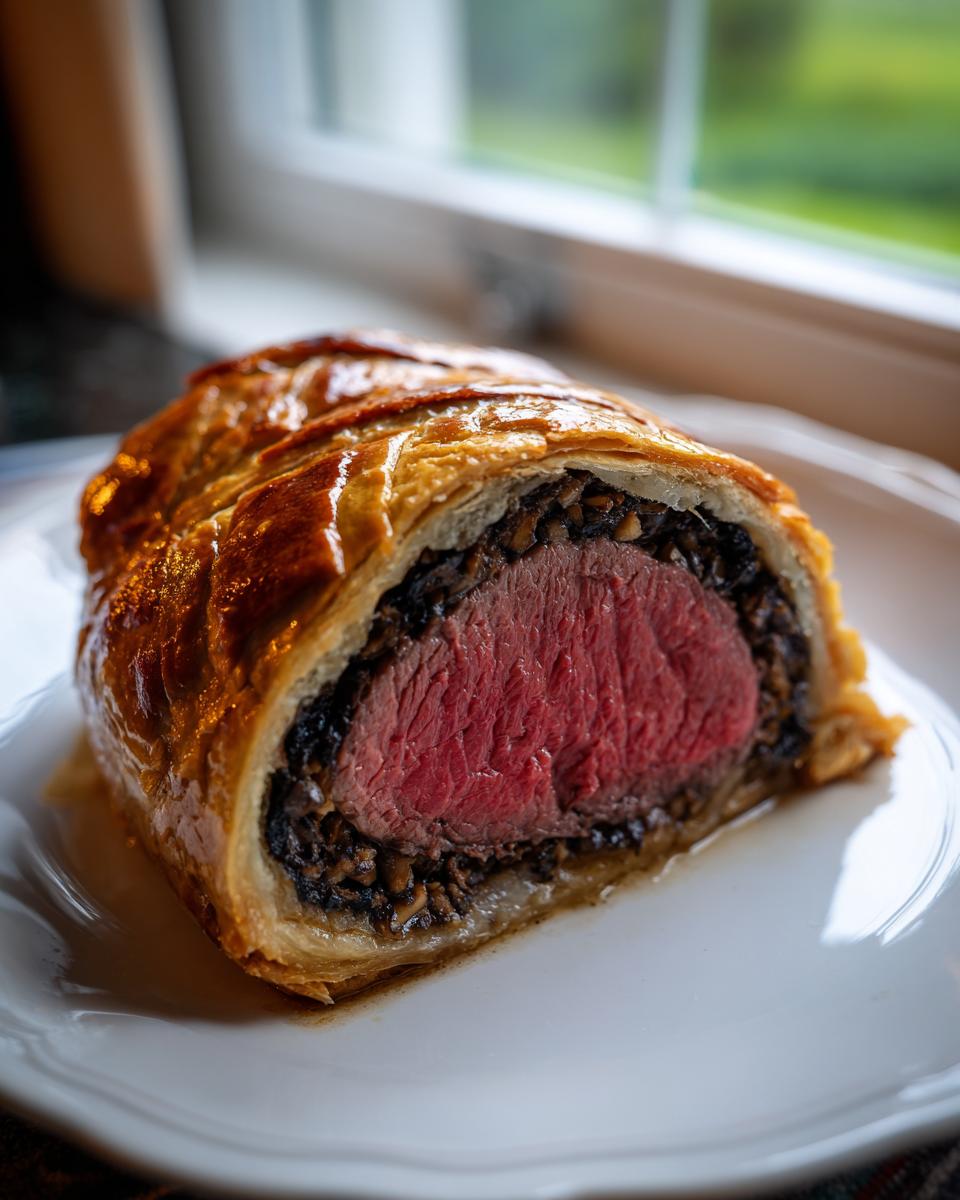 Close-up of a slice of beef wellington recipe showing medium-rare beef inside golden puff pastry.