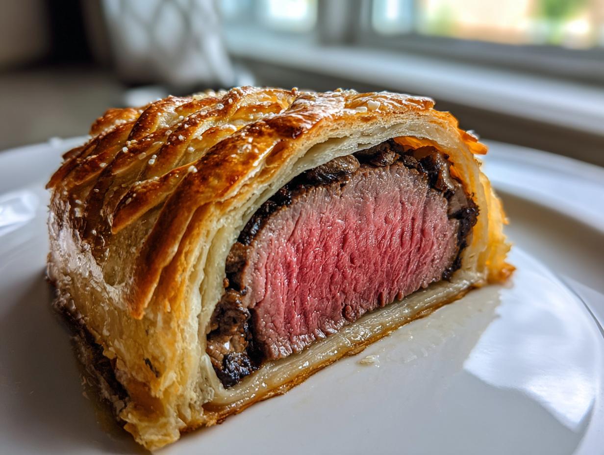 A cross-section slice of beef wellington recipe showing medium-rare pink tenderloin encased in golden, flaky puff pastry.