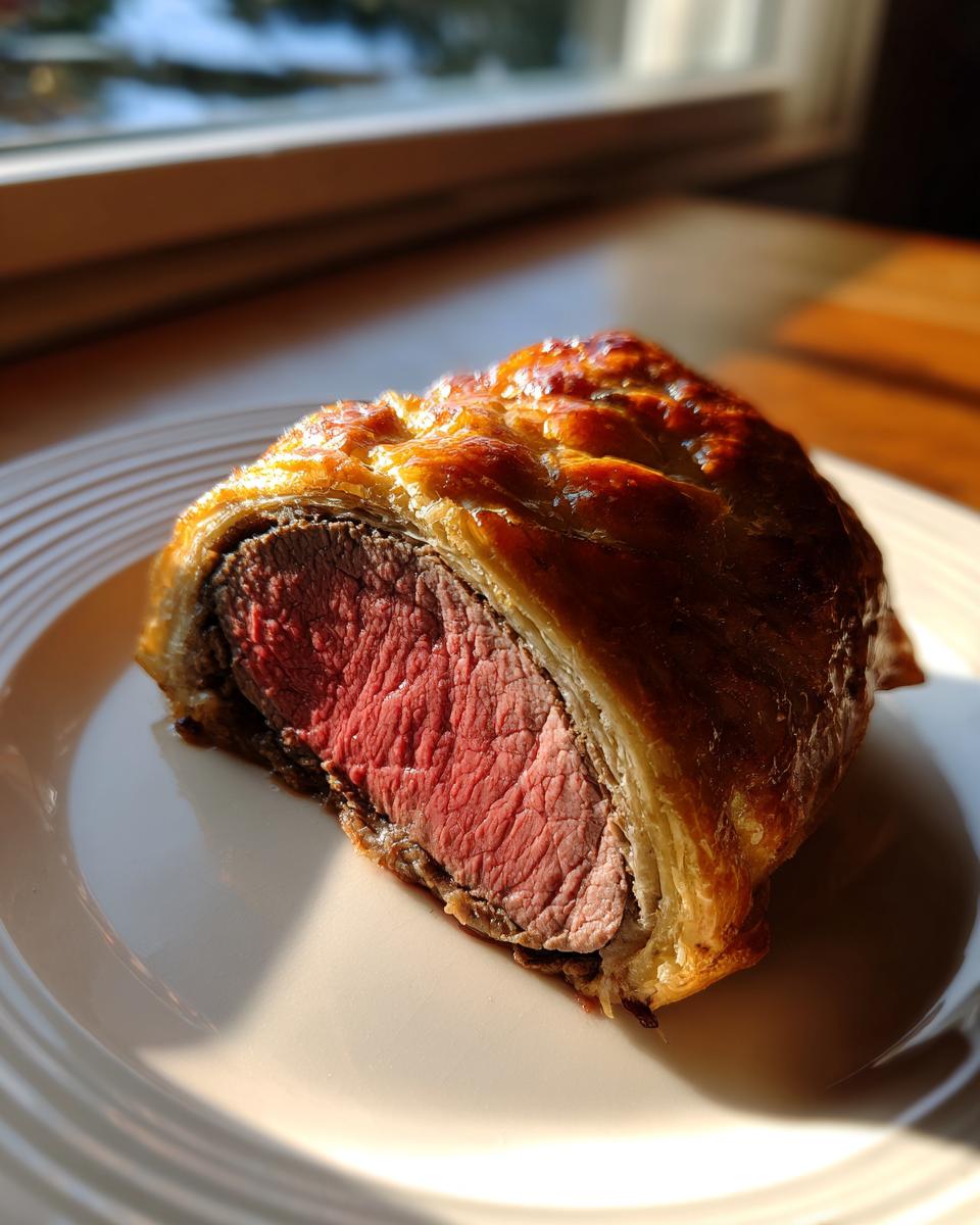 A cross-section slice of beef wellington recipe showing medium-rare pink center wrapped in golden puff pastry.
