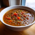 Close-up of a white bowl filled with rich, brown lentil soup, visible chunks of carrots and tomatoes.