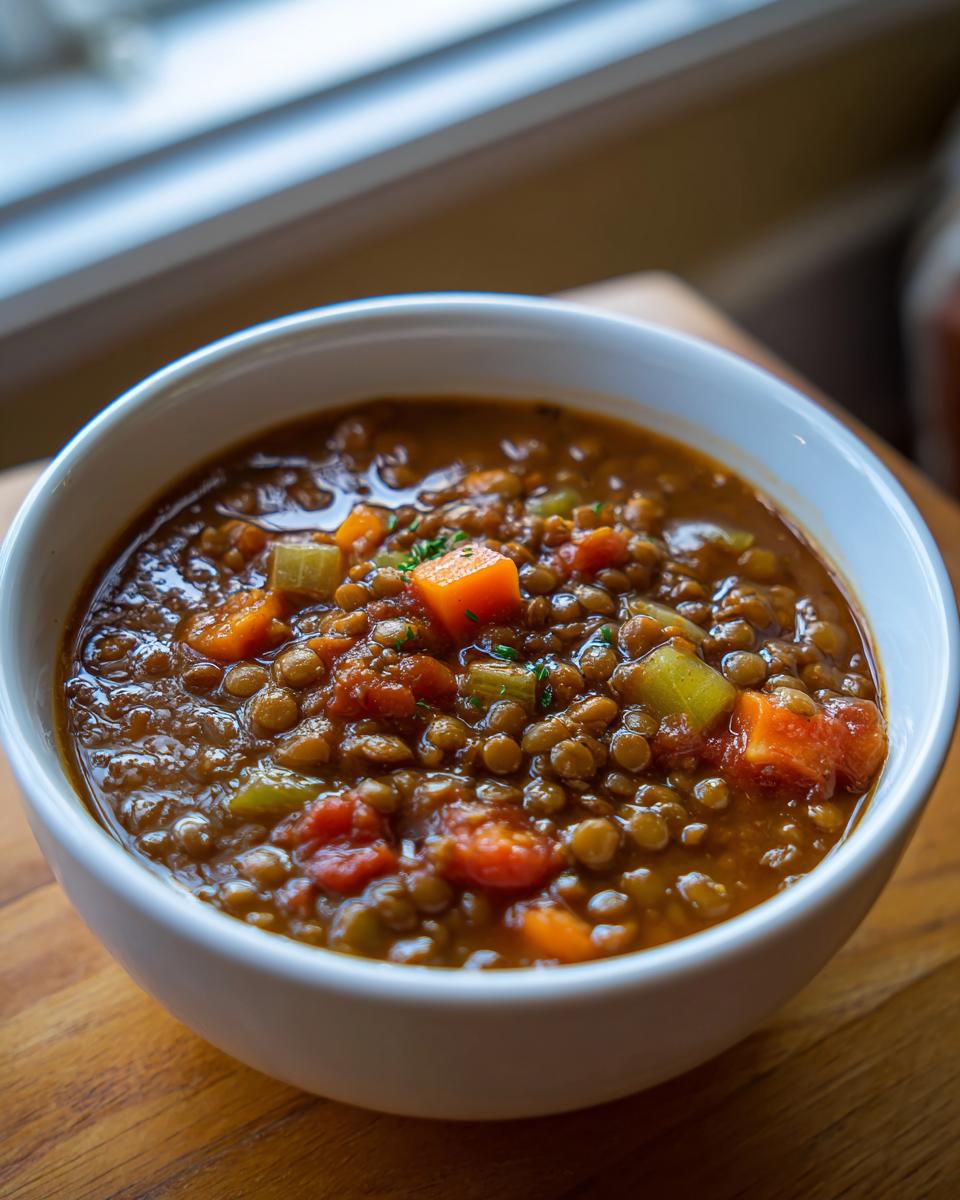 Close-up of a white bowl filled with rich, hearty lentil soup featuring visible carrots and celery.