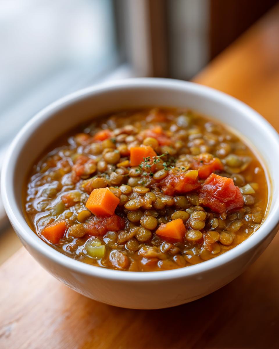 Close-up of a white bowl filled with hearty lentil soup, featuring brown lentils, diced carrots, and tomatoes.