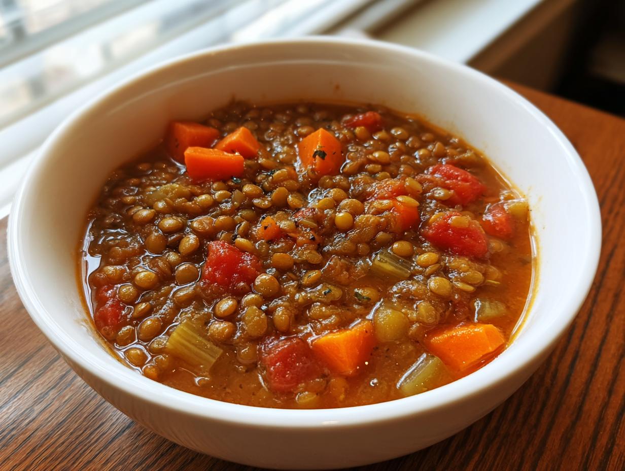 Close-up of a white bowl filled with thick, rich lentil soup featuring carrots and tomatoes.