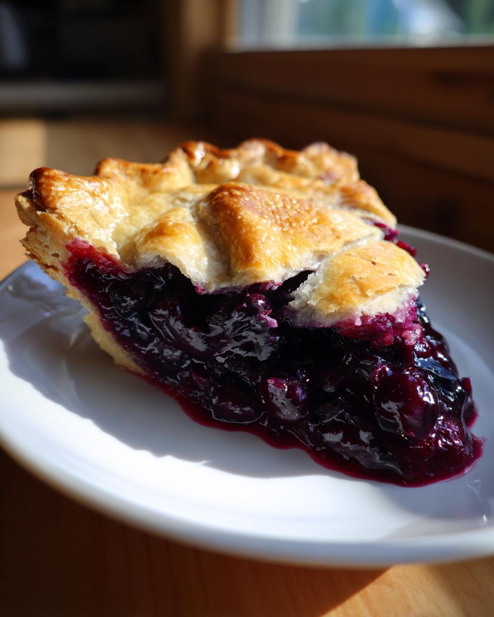 A close-up slice of rich, dark blueberry pie recipe filling with a golden, flaky top crust on a white plate.