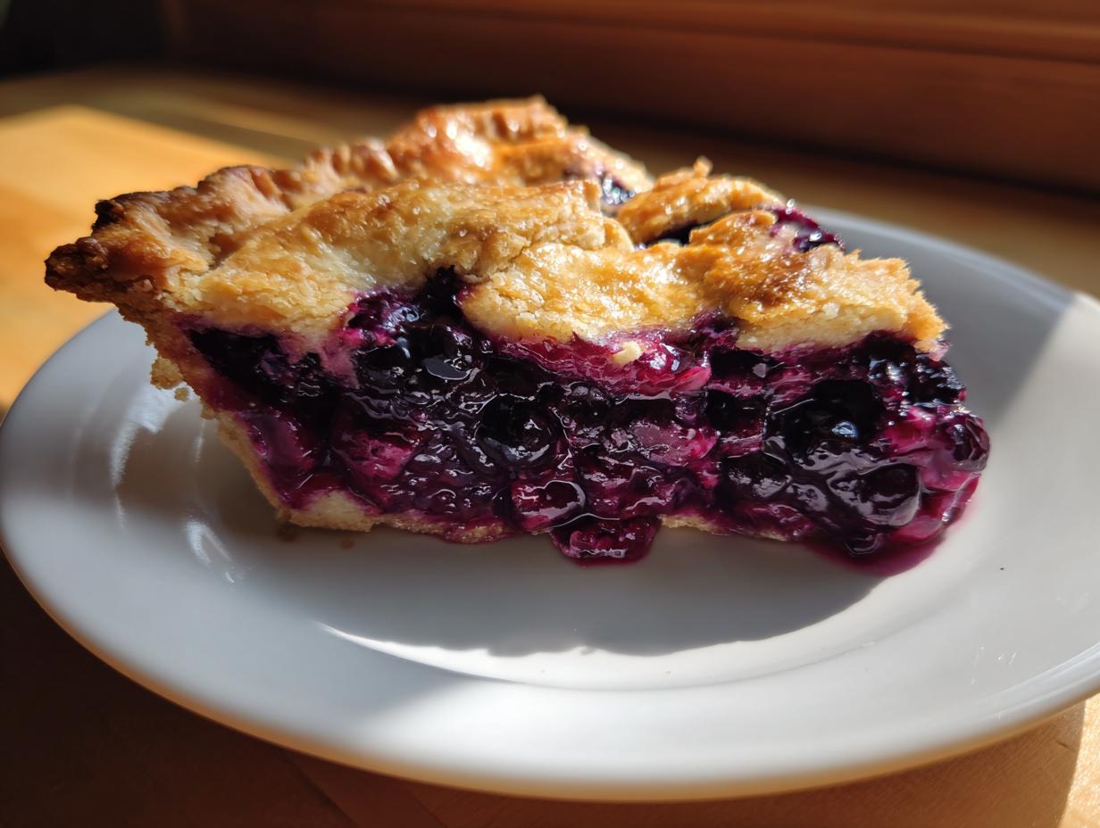 A close-up of a slice of homemade blueberry pie recipe showing juicy, dark purple filling and a golden, flaky crust.