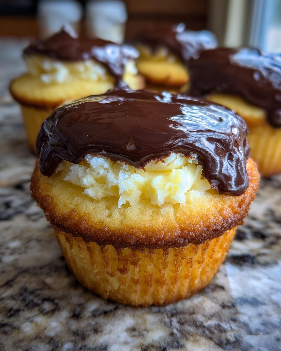 A close-up of one of the Boston cream pie cupcakes, showing the vanilla cake, pastry cream filling, and rich chocolate ganache topping.